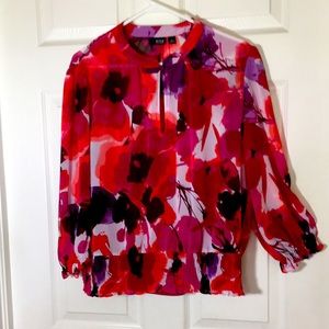 a.n.a. Floral Blouse Sheer Red Colorful Top XL